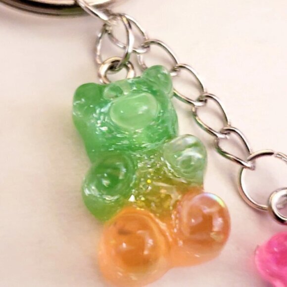 Handmade Green Orange Pink Silver Ombre Glitter Gummy Bear Keychain - Picture 5 of 7